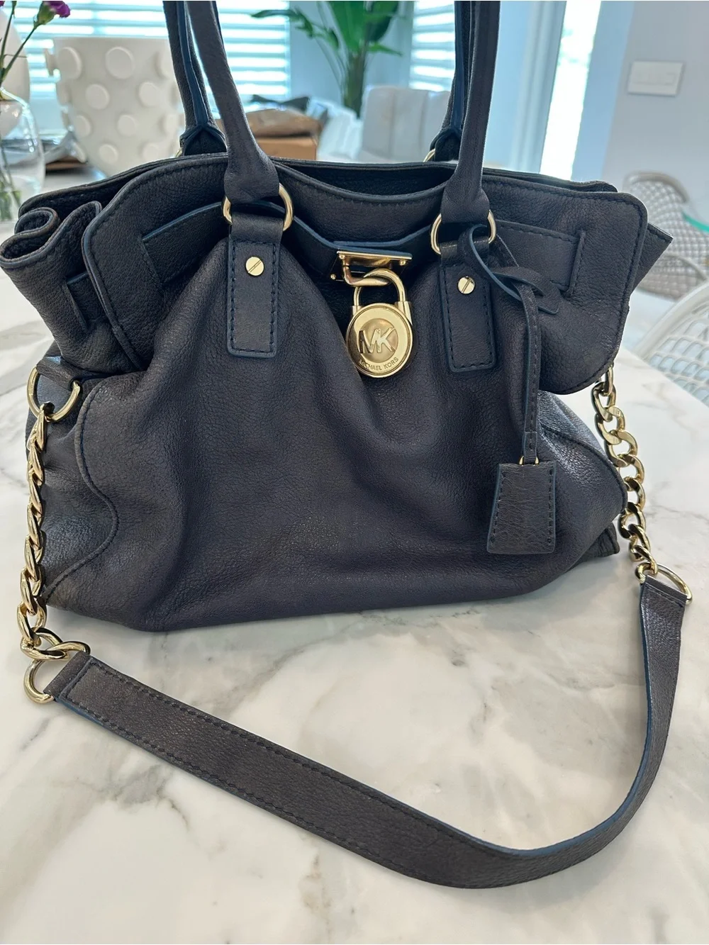 Michael Kors denim blue Leather Shoulder Tote with Gold Hardware.